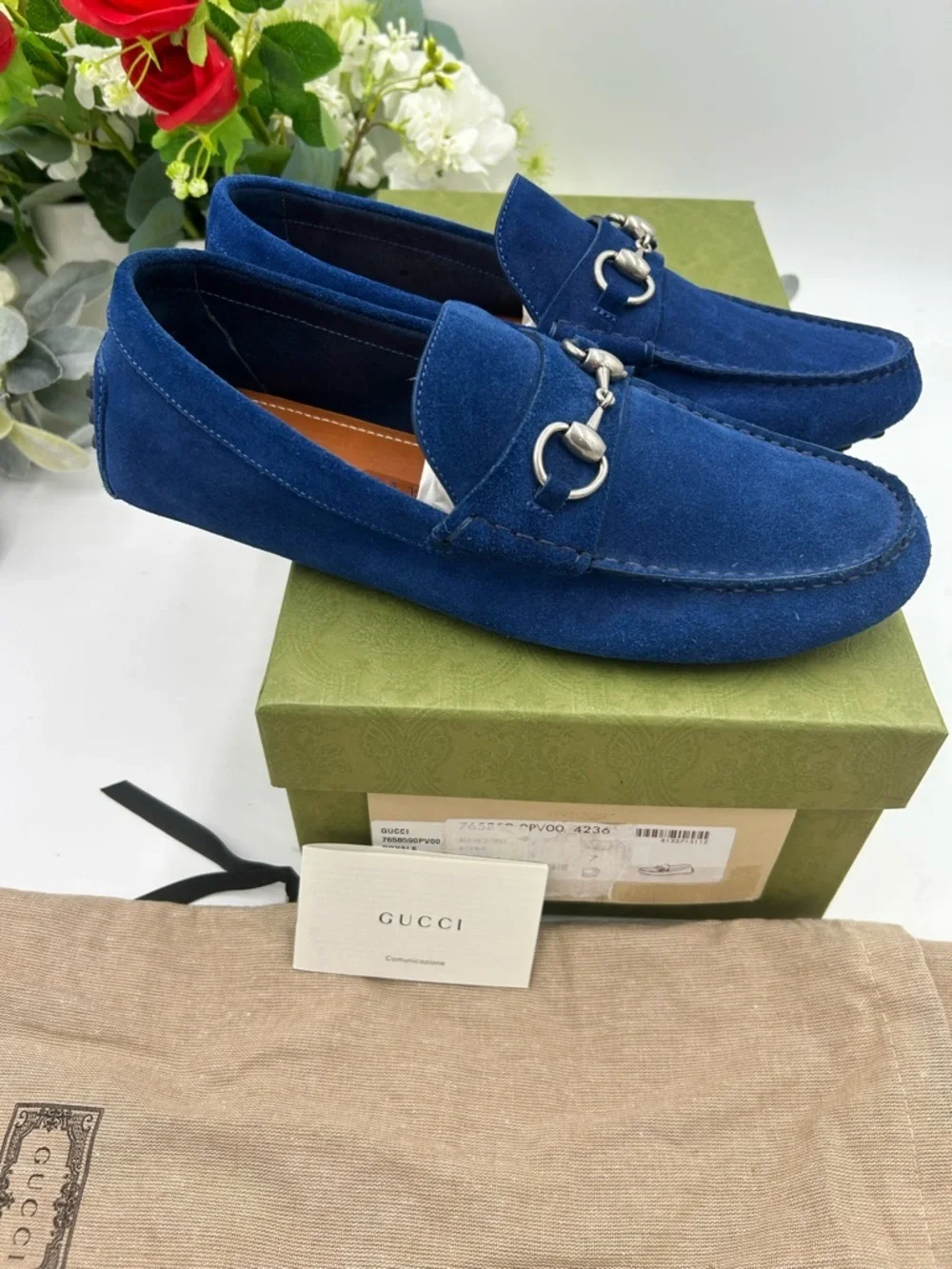 Men's Gucci horse bit blue suede loafers size 7 fits 8 US made in Italy